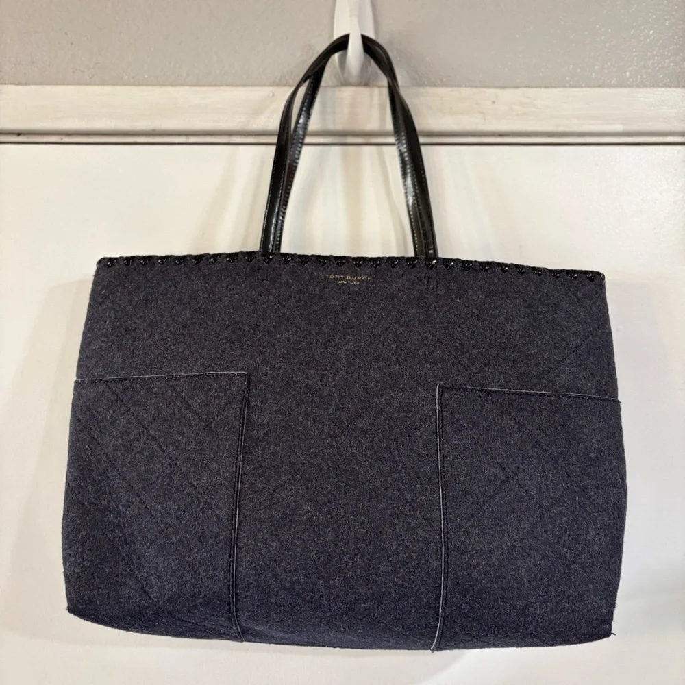Tory Burch Block T Felt Tote Shoulder Bag Carry On Work Travel Blue Gray Logo